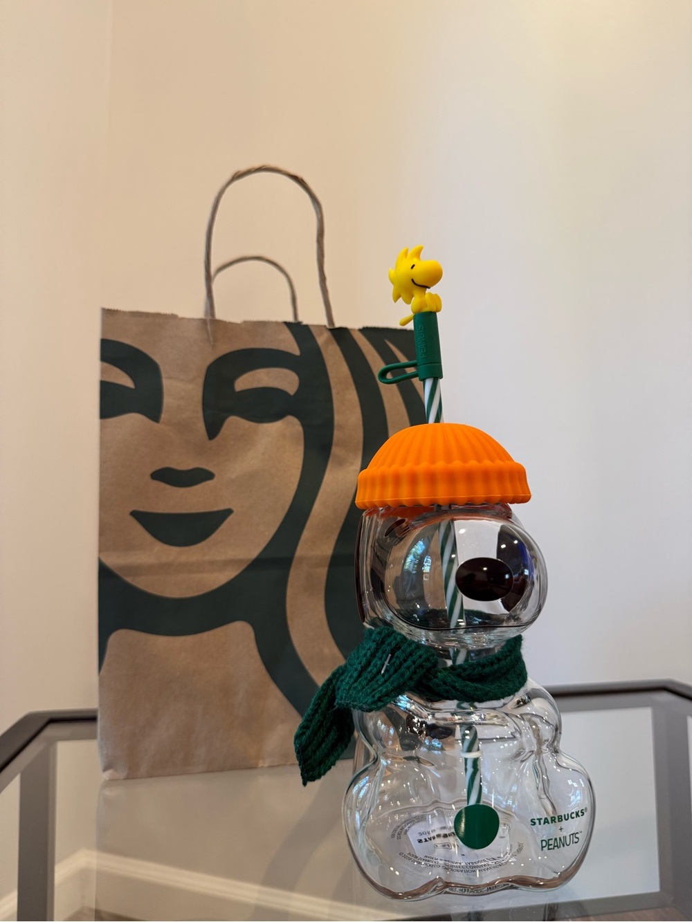 Starbucks x Peanuts Orange Hat Bear Glass Bottle